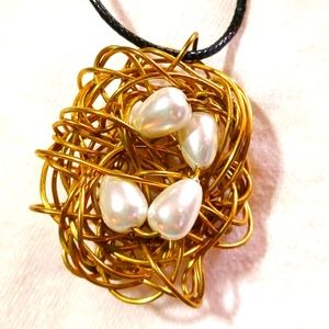 Handmade, wired, pearls, nest, dragon, bird, necklace, pendant, beads, gold